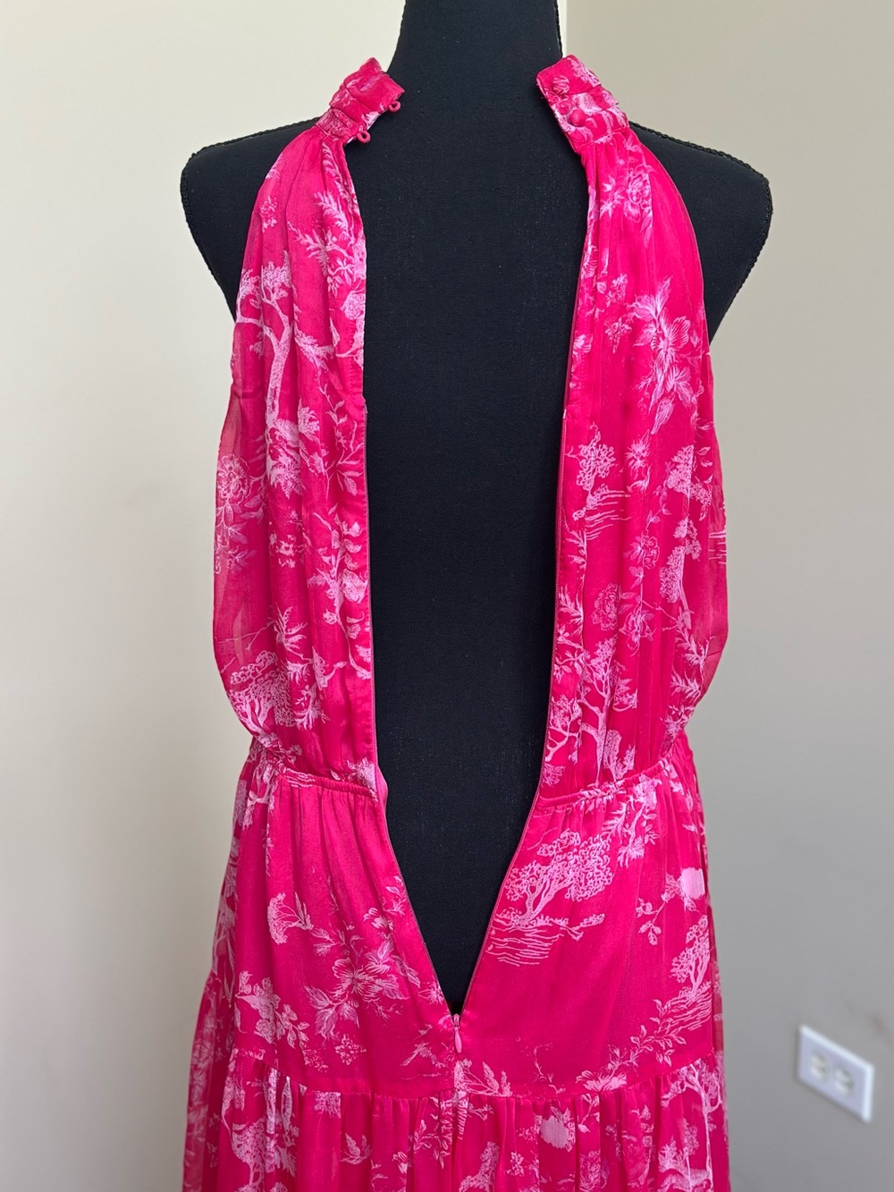 NWOT - Lulu's Hot Pink Floral Print Halter-Neck Tiered Midi Dress - Picture 8 of 11